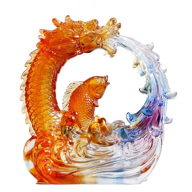 Buddha Stones Feng Shui Dragon Koi Fish Pièce d'art en cristal Liuli faite à la main Décoration de bureau à domicile