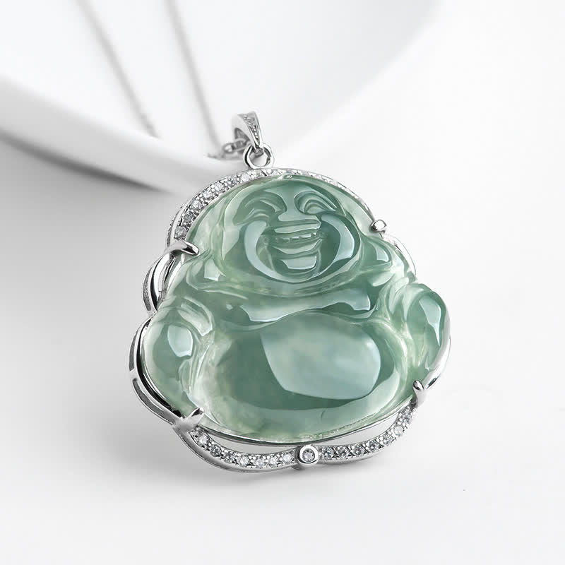 Buddha Stones avec pendentif porte-bonheur en jade naturel en argent sterling 925 avec Bouddha rieur - Jade - image 1
