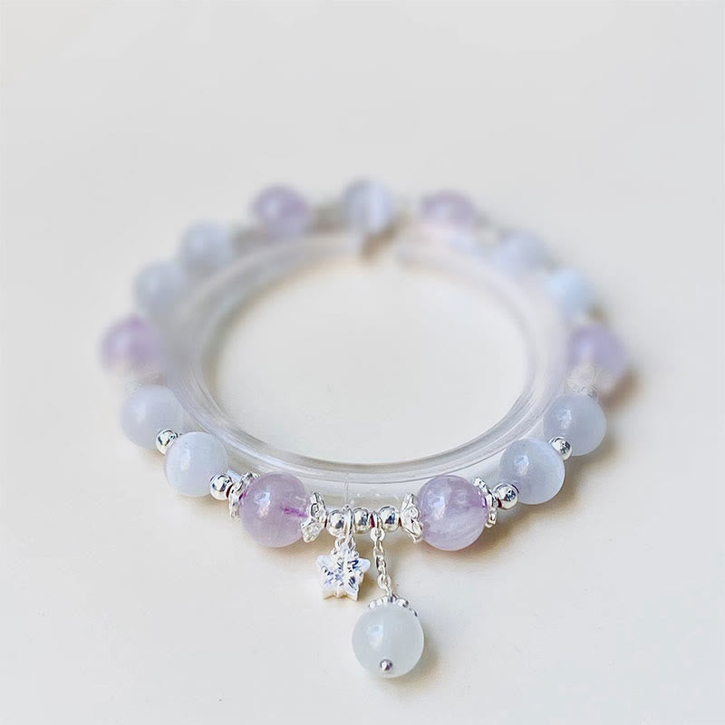 Bracelet étoile de conscience spirituelle œil de chat en améthyste naturelle en argent sterling 925 de Buddha Stones - Bracelet en argent sterling 925 avec améthyste et œil-de-chat (tour de poignet 14-16 cm) - image 0