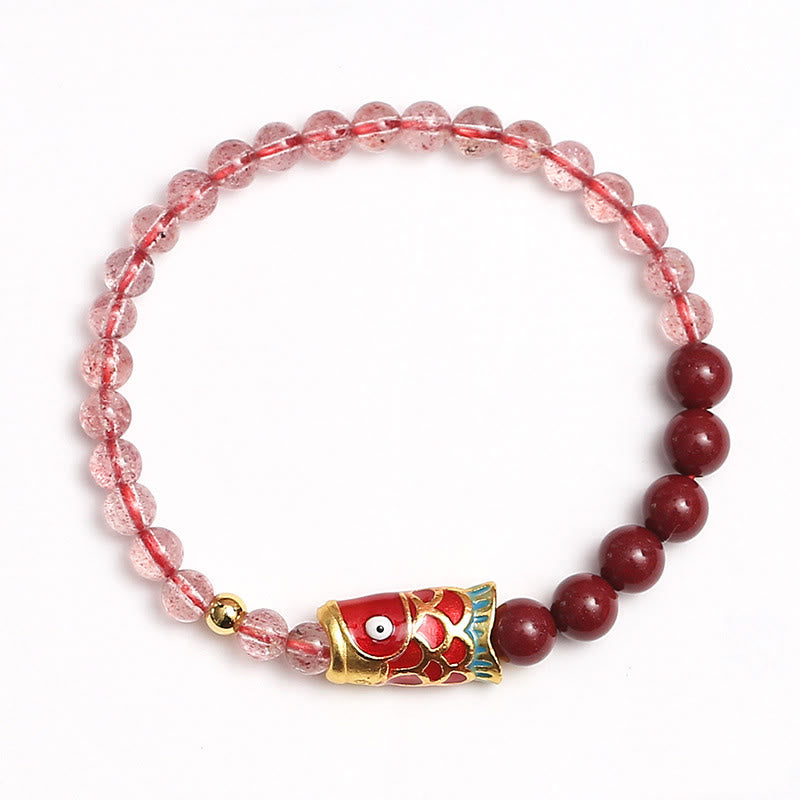 Bracelet de guérison porte-bonheur en quartz fraise et cinabre en Buddha Stones