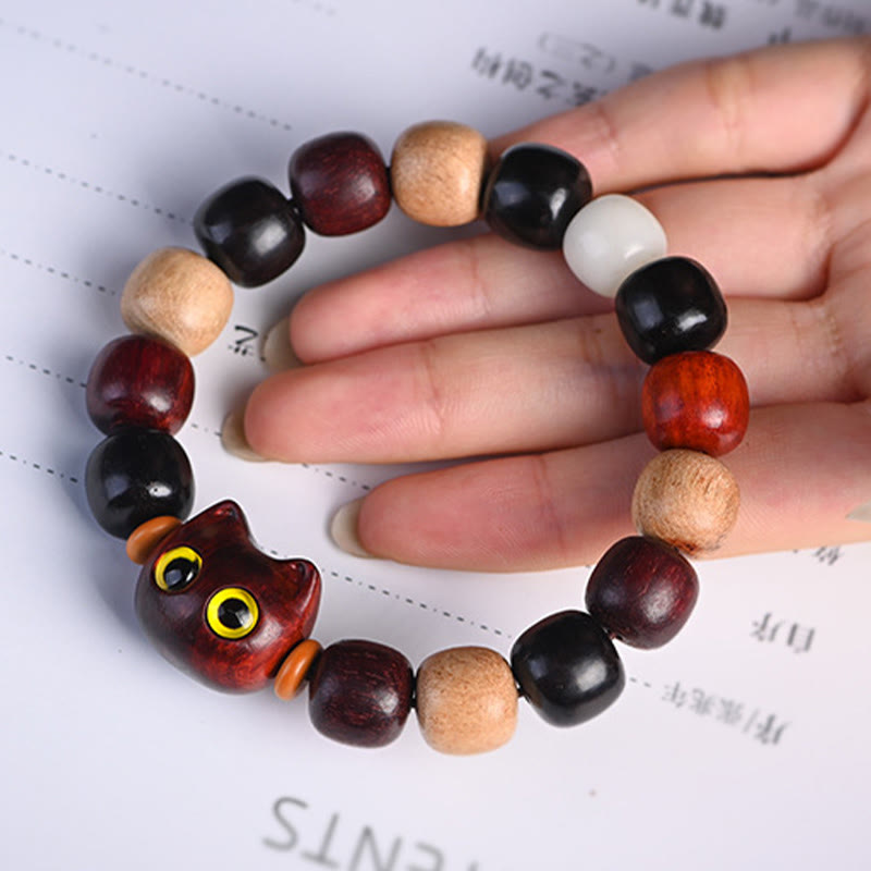 Bracelet de protection gravé en bois de santal rouge et ébène avec petites feuilles de Buddha Stones et chat mignon - image 14