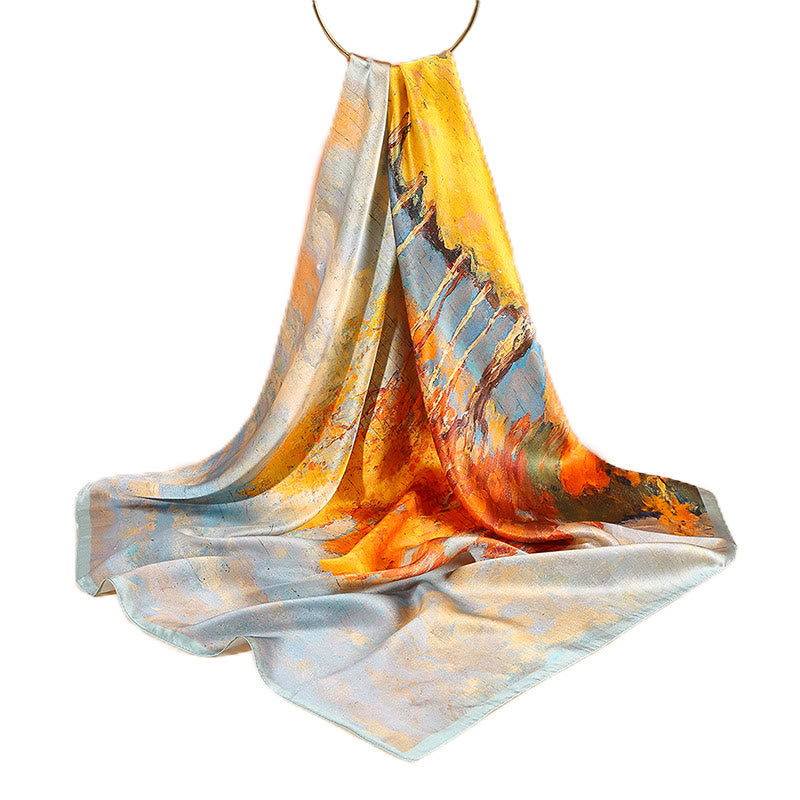Foulard pour cheveux en soie de mûrier 100 % Buddha Stones et peinture à l'huile sur la ville, scène de neige, château, lotus