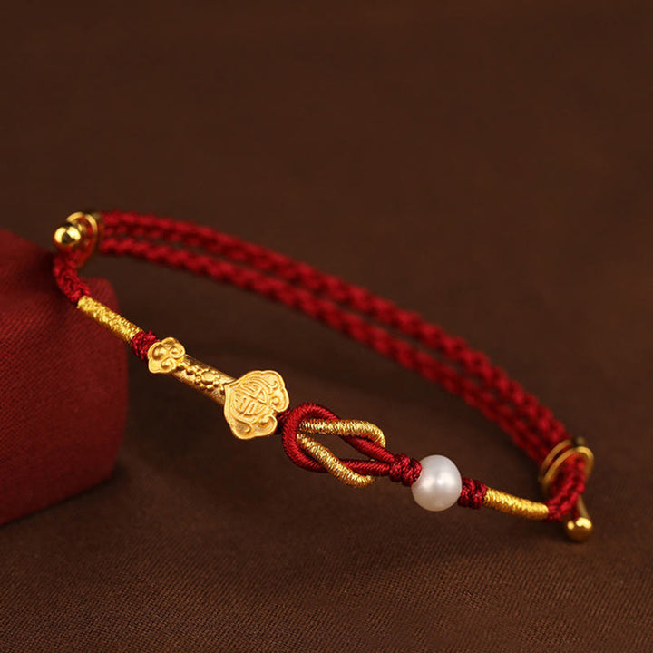 Bracelet tressé porte-bonheur en or 24 carats avec perles et lapin en forme de personnage Fu avec poignée Ruyi et Buddha Stones