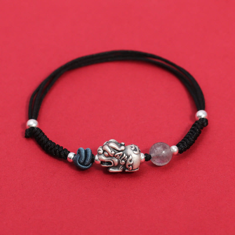 Bracelet tressé en argent sterling 999 avec perles de quartz fraise PiXiu de Buddha Stones pour la richesse et la chance