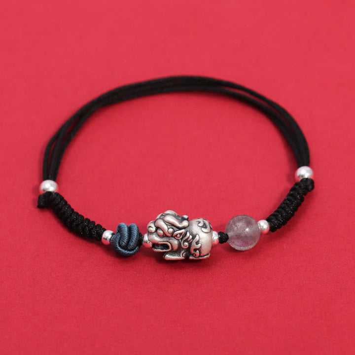 Bracelet tressé en argent sterling 999 avec perles de quartz fraise PiXiu de Buddha Stones pour la richesse et la chance