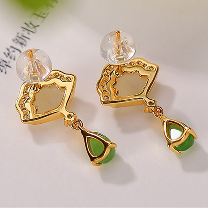 Boucles d'oreilles pendantes porte-bonheur en forme d'éventail en jade blanc et jade cyan Buddha Stones