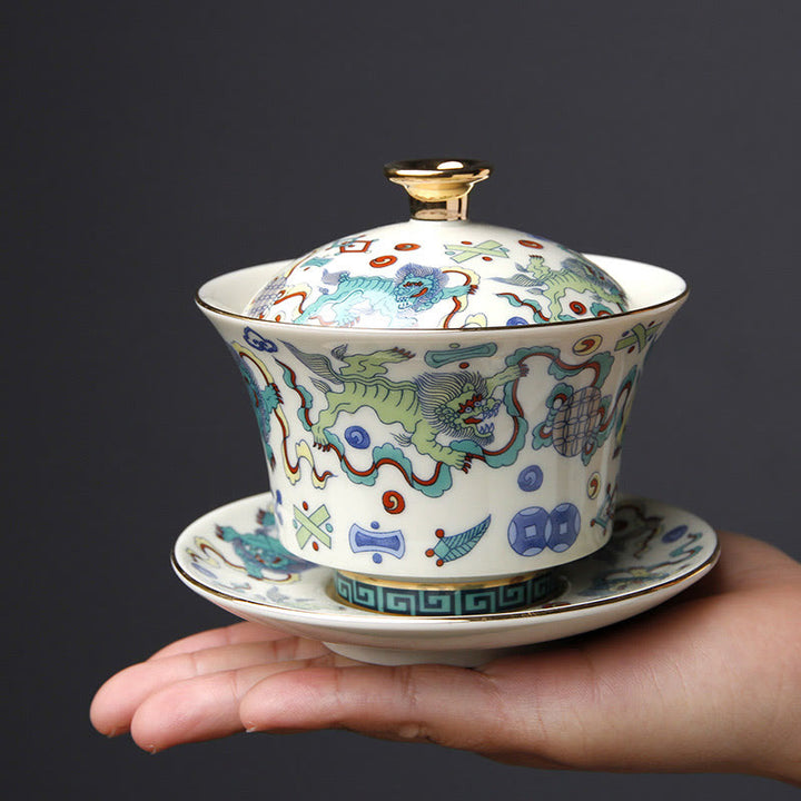 Buddha Stones Rétro Fleur de Prunier Pin Bambou Phénix Kirin Céramique Gaiwan Sancai Tasse à Thé Kung Fu Tasse à Thé et Soucoupe avec Couvercle