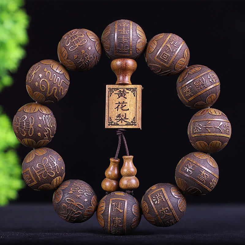 Bracelet de chaleur sculpté PiXiu en bois de rose, ébène, pièce de cuivre et Buddha Stones, signe du zodiaque chinois