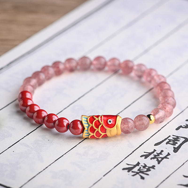 Bracelet de guérison porte-bonheur en quartz fraise et cinabre en Buddha Stones