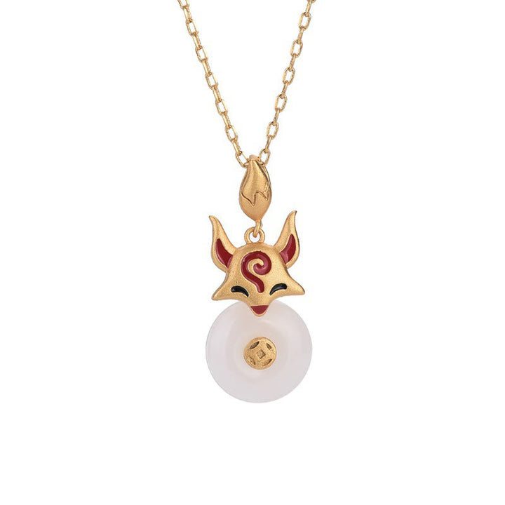 Collier pendentif en cuivre avec Buddha Stones et renard en jade blanc