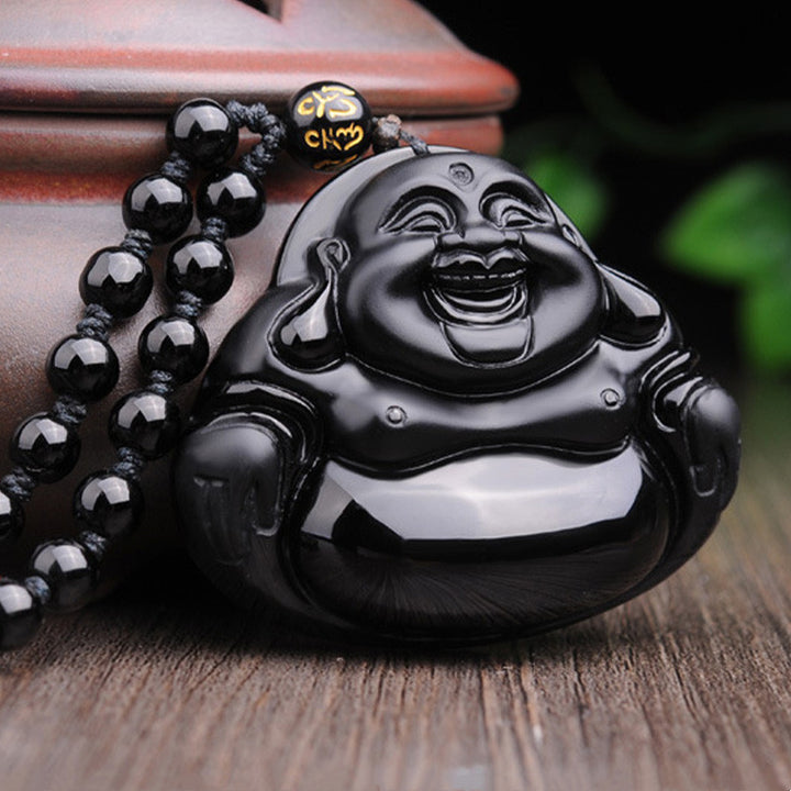 Collier pendentif Bouddha rieur en obsidienne noire transformant Buddha Buddha Stones