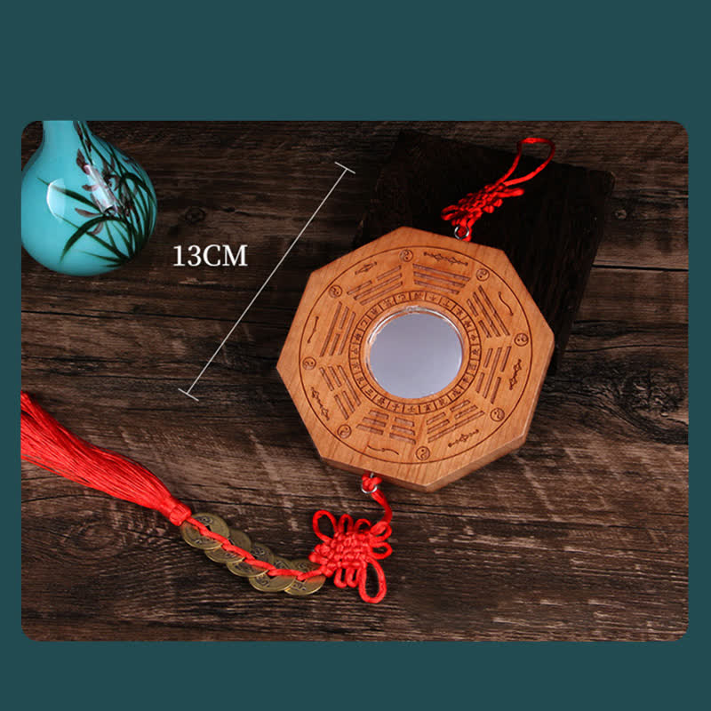 Carte Feng Shui Bagua Pièces de monnaie des cinq empereurs en bois de pêche Nœud chinois Carte énergétique d'équilibre Miroir