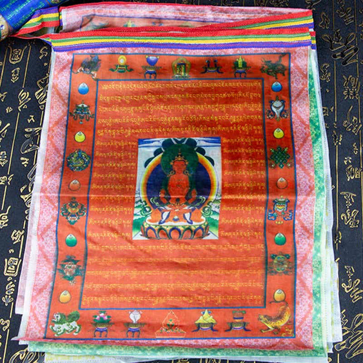 Buddha Stones Drapeau de prière extérieur tibétain à cinq couleurs représentant le Bouddha du Cheval de Vent et Tara, symbole de guérison et de bon augure - image 10