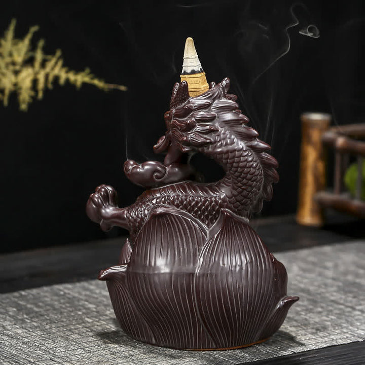 Brûleur d'encens en céramique à motif de dragon et de lotus