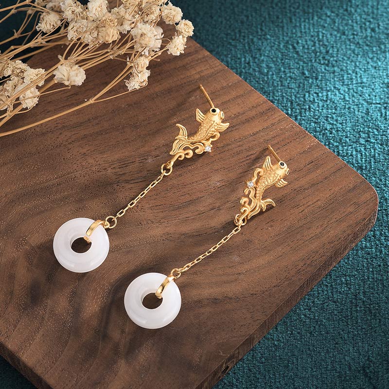 Boucles d'oreilles porte-bonheur en jade blanc Koi FengShui Buddha Stones