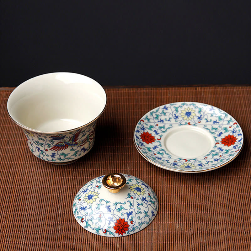 Buddha Stones Rétro Fleur de Prunier Pin Bambou Phénix Kirin Céramique Gaiwan Sancai Tasse à Thé Kung Fu Tasse à Thé et Soucoupe avec Couvercle
