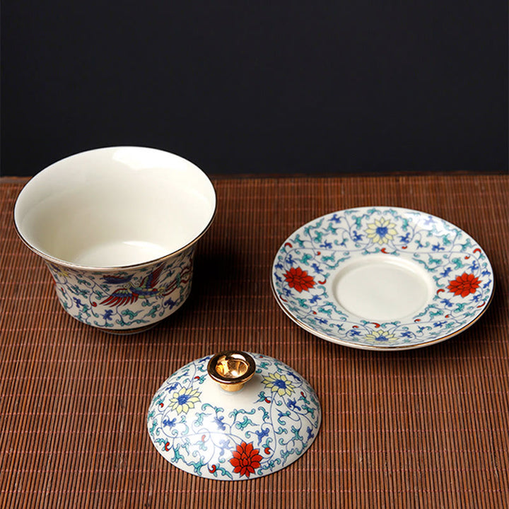 Buddha Stones Rétro Fleur de Prunier Pin Bambou Phénix Kirin Céramique Gaiwan Sancai Tasse à Thé Kung Fu Tasse à Thé et Soucoupe avec Couvercle