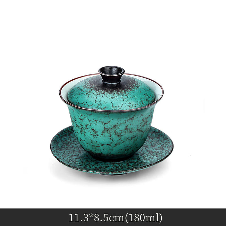 Tasse à thé et soucoupe en céramique émaillée verte rétro Buddha Stones Gaiwan Sancai Tasse à thé Kung Fu et soucoupe avec couvercle