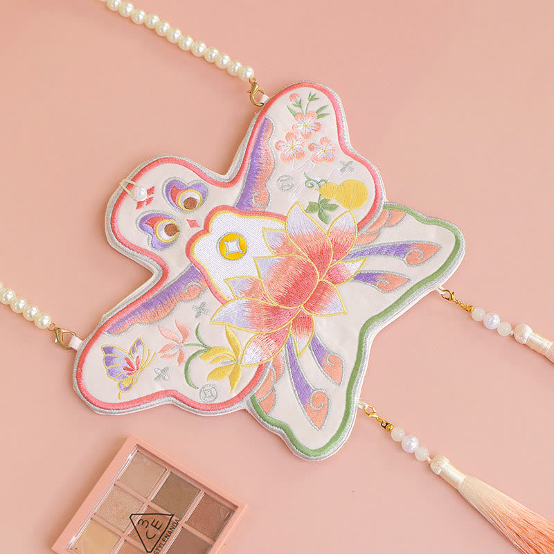 Sac à bandoulière avec broderie de Buddha Stones et de Lotus, poisson Koi, lapin, fleur, Hanfu - Cerf-volant lotus - image 18