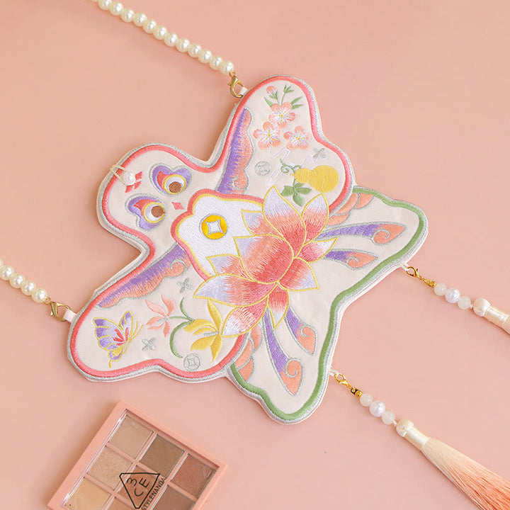 Sac à bandoulière avec broderie de Buddha Stones et de Lotus, poisson Koi, lapin, fleur, Hanfu - Cerf-volant lotus - image 18