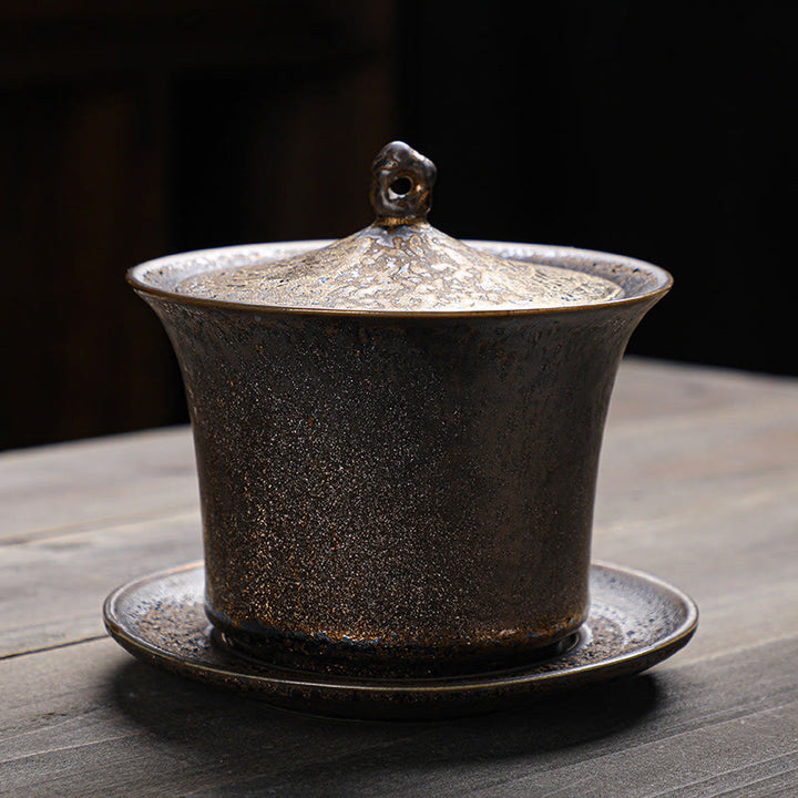 Tasse à thé et soucoupe en céramique émaillée rouille rétro Buddha Stones Gaiwan Sancai Tasse à thé Kung Fu avec couvercle