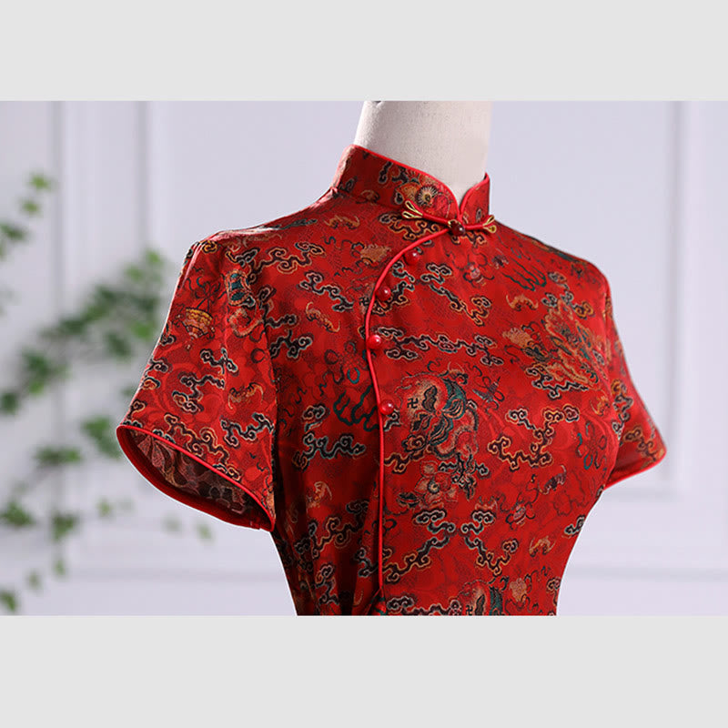 Robe Qipao pour femme avec imprimé feuilles et nuages de bon augure vintage et Buddha Stones