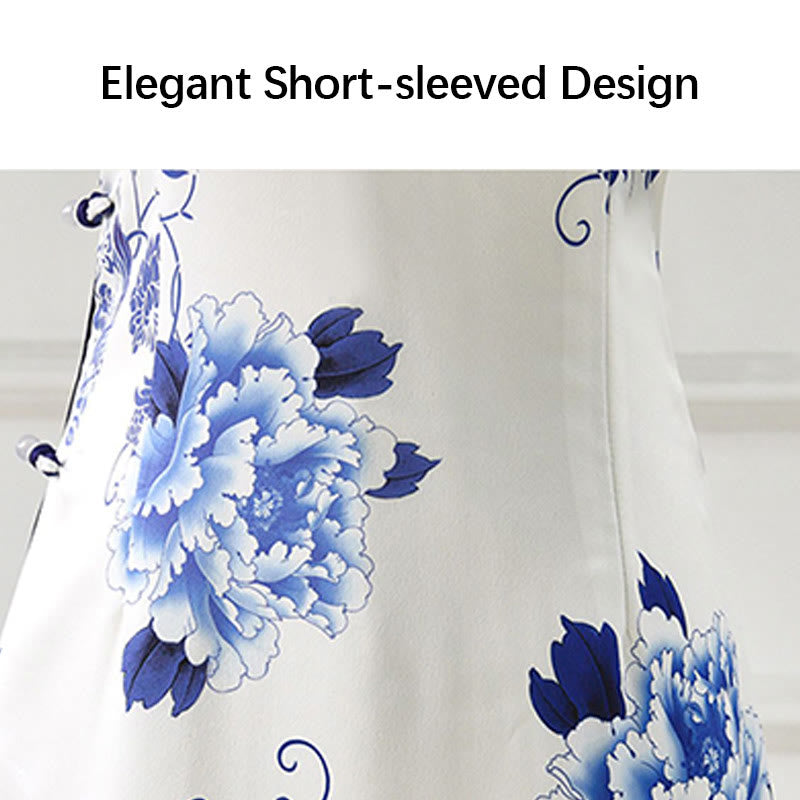Robe Qipao pour femme en porcelaine bleue et blanche avec motif de fleurs de pivoine et pierres de Buddha Stones - image 7