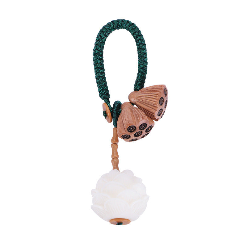 Porte-clés porte-bonheur en bois de pêcher avec pierres de Buddha Stones et lotus naturel blanc