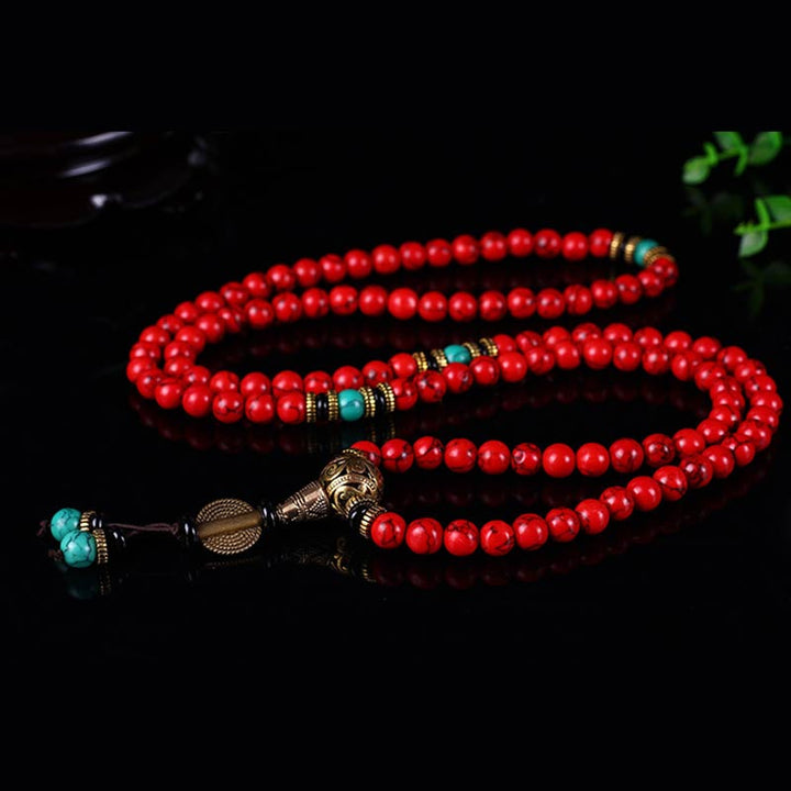 Collier et bracelet porte-bonheur Buddha Stones Mala rouge turquoise