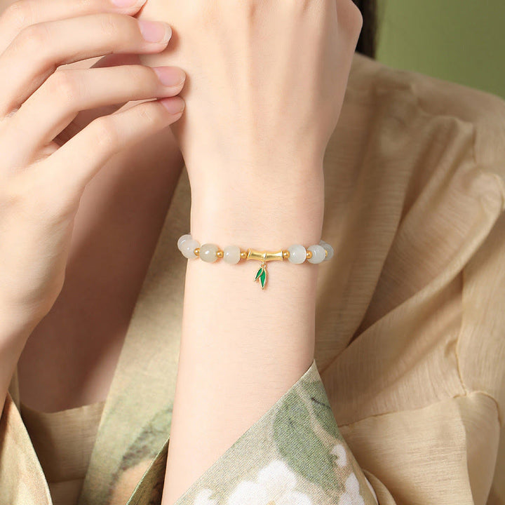 Bracelet porte-bonheur en argent sterling 925 et jade blanc Hetian en bambou Buddha Stones