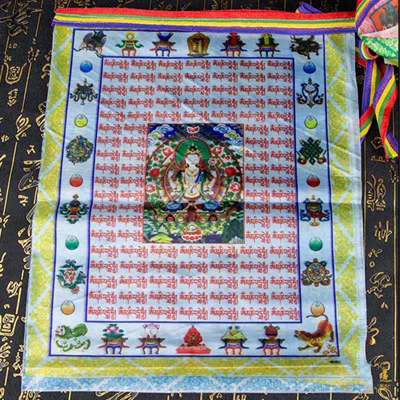 Buddha Stones Drapeau de prière extérieur tibétain à cinq couleurs représentant le Bouddha du Cheval de Vent et Tara, symbole de guérison et de bon augure - image 13