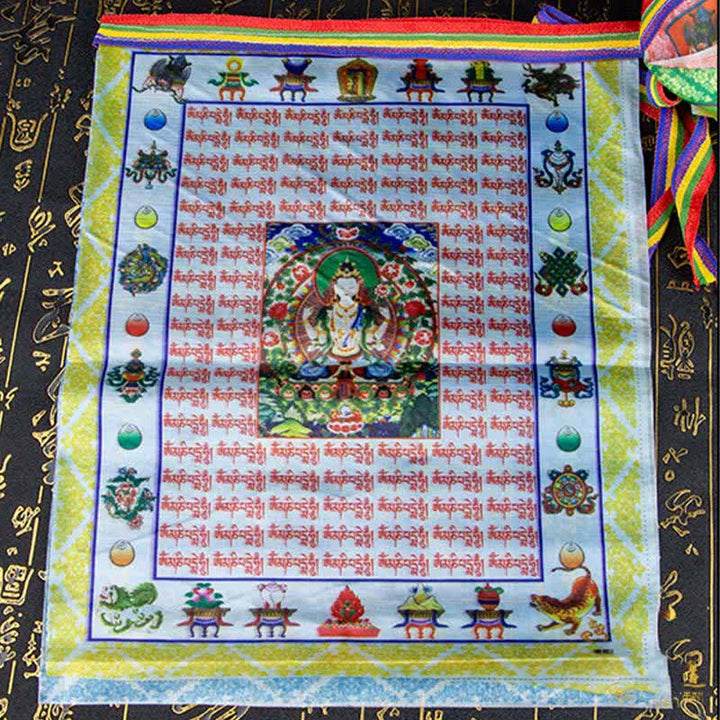 Buddha Stones Drapeau de prière extérieur tibétain à cinq couleurs représentant le Bouddha du Cheval de Vent et Tara, symbole de guérison et de bon augure - image 13