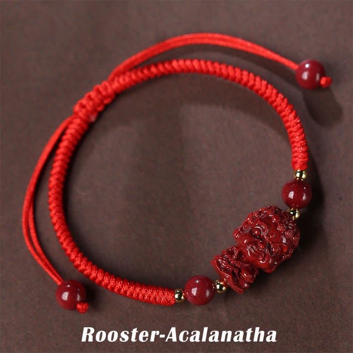 Bracelet en cordon avec amulette de bénédiction en cinabre et Buddha Stones du zodiaque chinois
