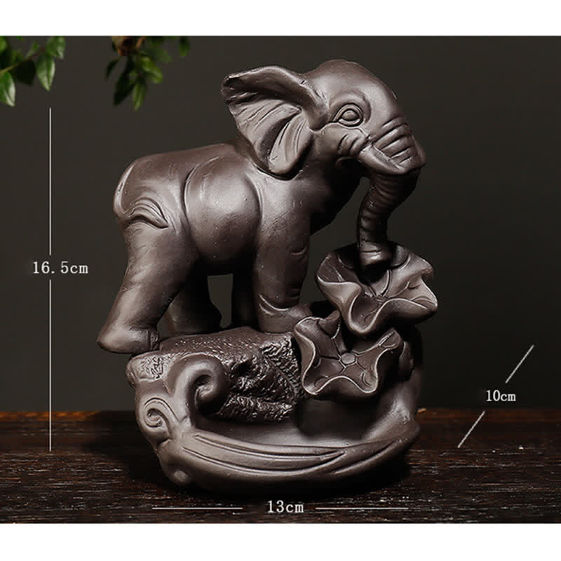 Fontaine à fumée à reflux en argile violette en forme d'éléphant tibétain, brûleur d'encens de guérison de la paix, décoration