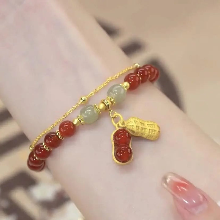 Bracelet de perles porte-bonheur en Buddha Stones, feuille de jade, ginkgo, tulipe, arachide, personnage Fu