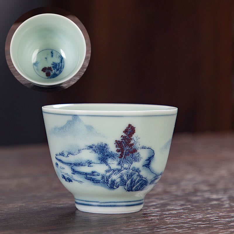 Buddha Stones Paysage bleu Montagnes Lotus Chat mignon Pavillons Magnolia Roseaux Aigrettes Tasse à thé en céramique Petite tasse à thé Kung Fu