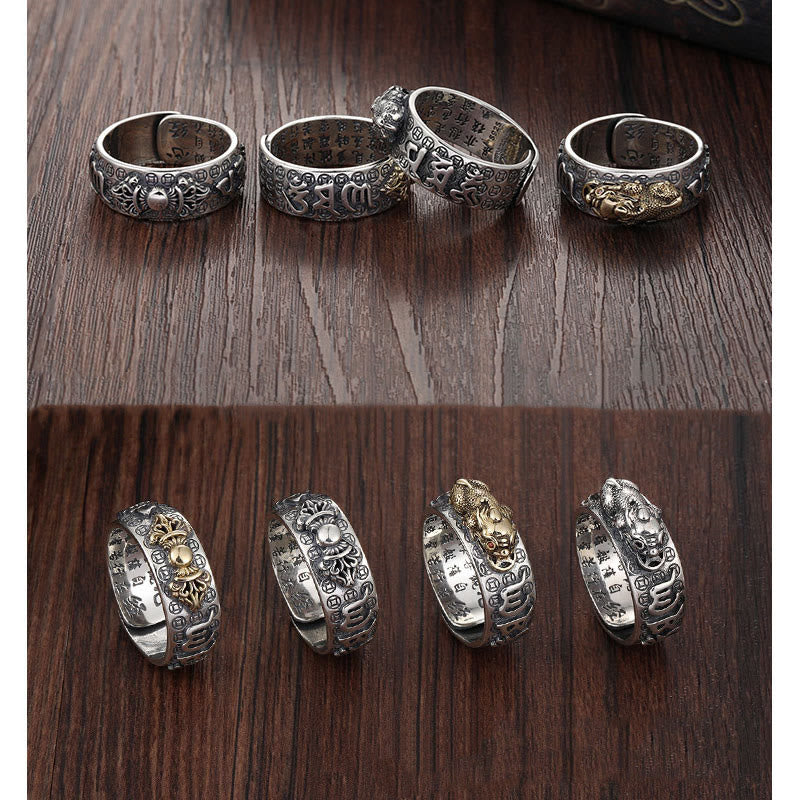 Bague de richesse tibétaine en argent sterling 990 Buddha Stones Om Mani Padme Hum PiXiu Dorje Vajra Heart Sutra gravé