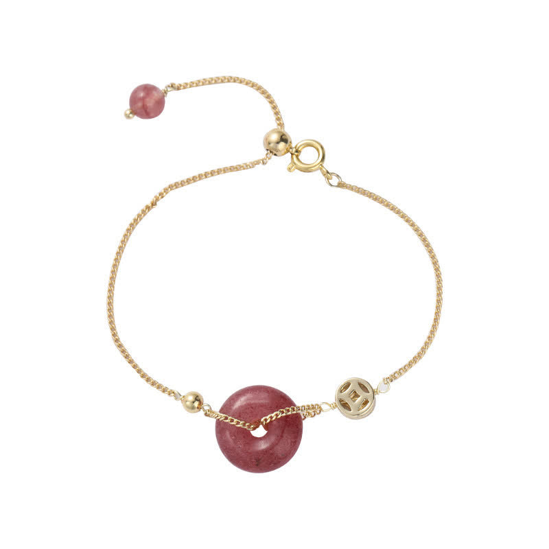 Bracelet d'amour avec boucle de paix et pièce de monnaie en quartz fraise et Buddha Stones
