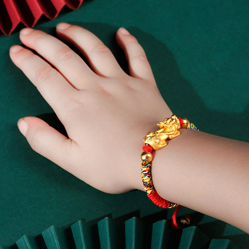 Bracelet tressé pour enfants en argent sterling 999 avec Buddha Stones et nœuds PiXiu Wealth King Kong - PiXiu doré en argent sterling 999 - Cordon coloré (taille du bracelet : 12 + 4 cm) - image 1