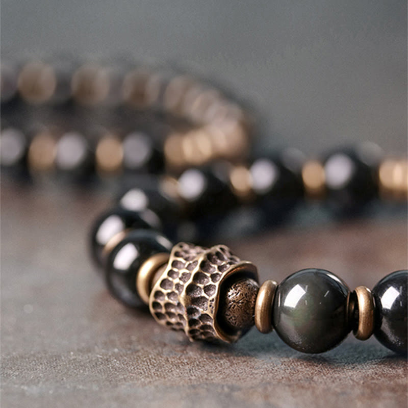 Bracelet de guérison d'amour en cuivre et obsidienne arc-en-ciel avec Buddha Stones