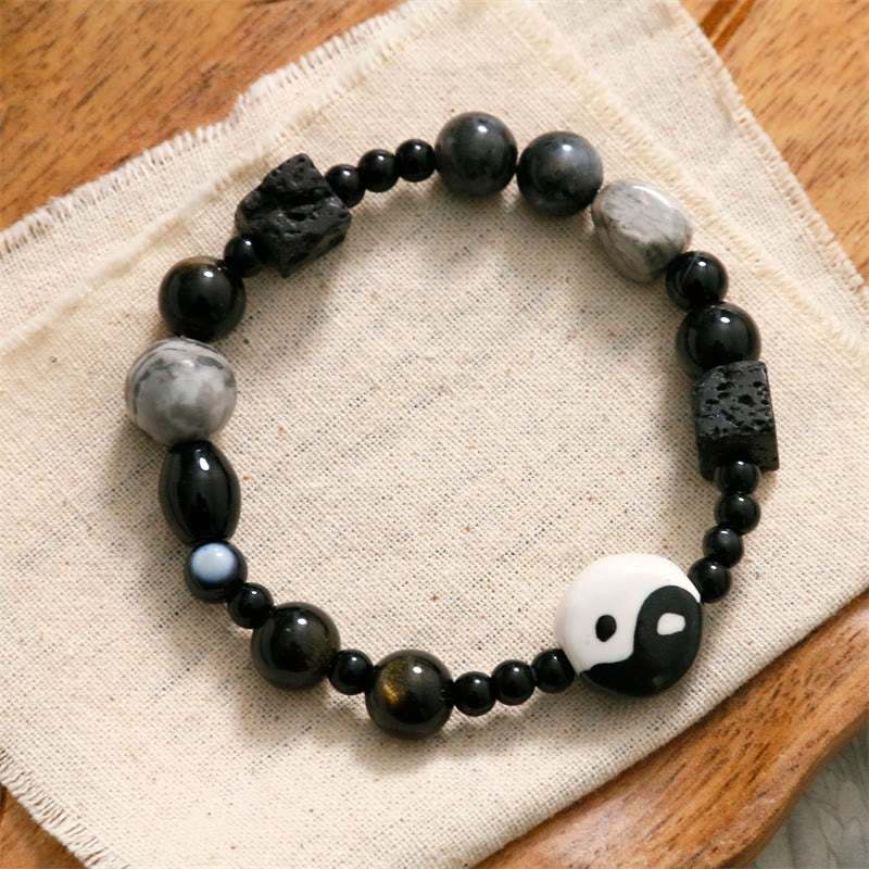 Bracelet de protection de la fortune Yin Yang en perles de jaspe Picasso et onyx noir Buddha Stones
