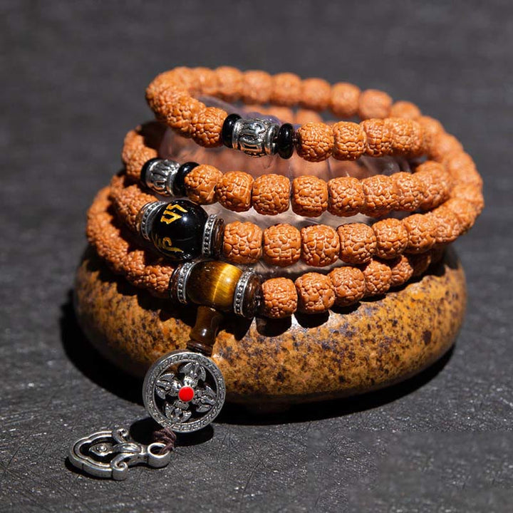 Bracelet tibétain en 108 perles de Mala Rudraksha Bodhi Seed Zodiac chinois Bouddha natal Richesse Charm