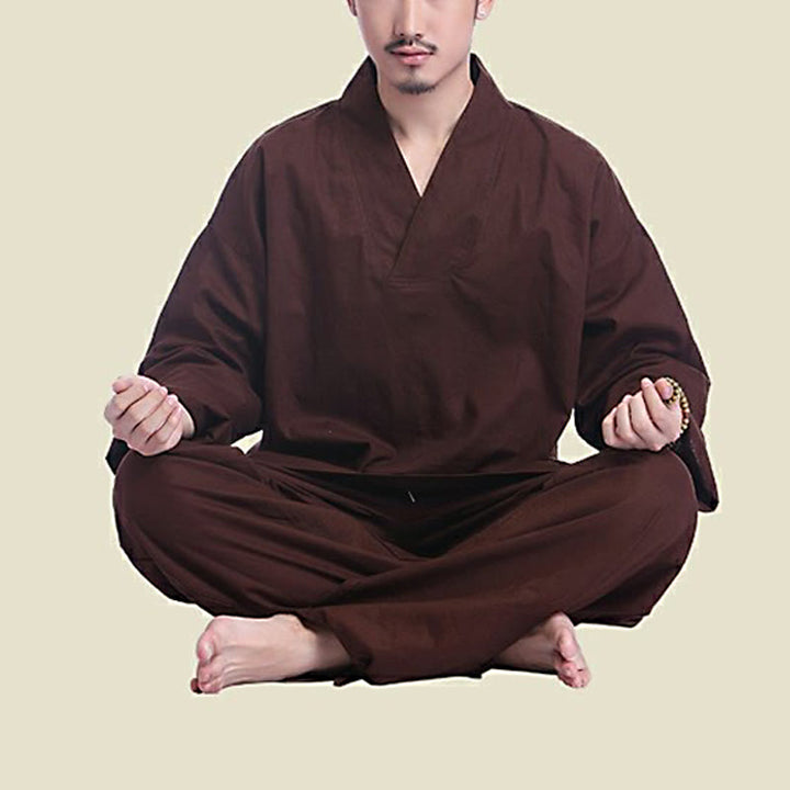 Ensemble de vêtements de yoga pour homme Buddha Stones, méditation, prière, col en V, coton et lin, pratique spirituelle zen - image 1