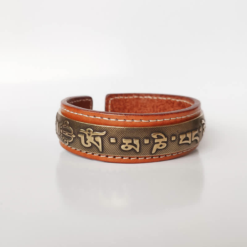Bracelet manchette en cuir et cuivre Buddha Stones, 2 pièces, Om Mani Padme Hum, Dragon Phoenix