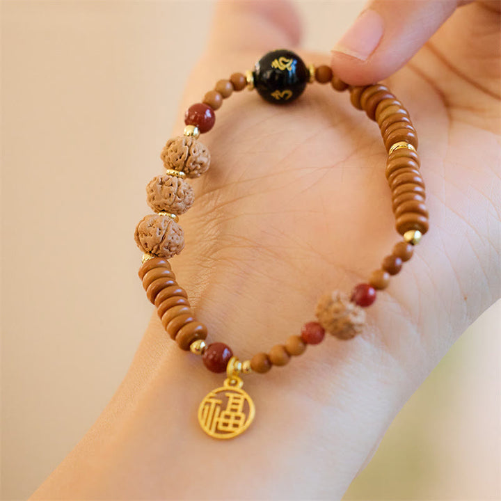 Bracelet de richesse en Buddha Stones tibétaines Bodhi Seed Onyx noir Quartz fumé Om Mani Padme Hum Fu