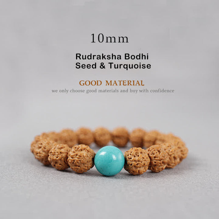 Bracelet de richesse en Buddha Stones tibétaines Rudraksha Bodhi Seed Dzi Bead Amber Turquoise - 10 mm - Graine de Rudraksha Bodhi et turquoise - image 13