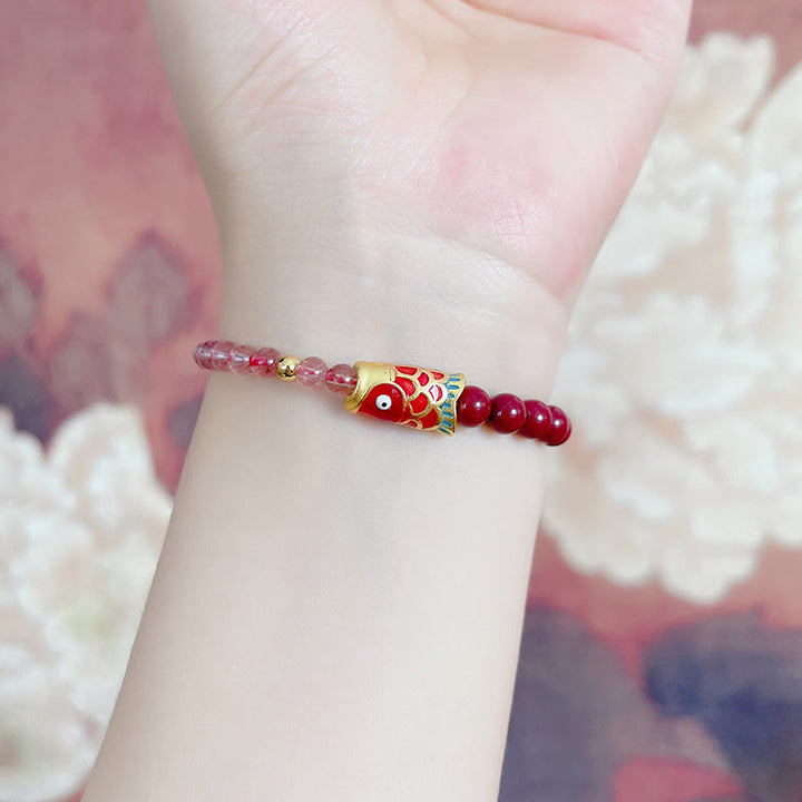 Bracelet de guérison porte-bonheur en quartz fraise et cinabre en Buddha Stones