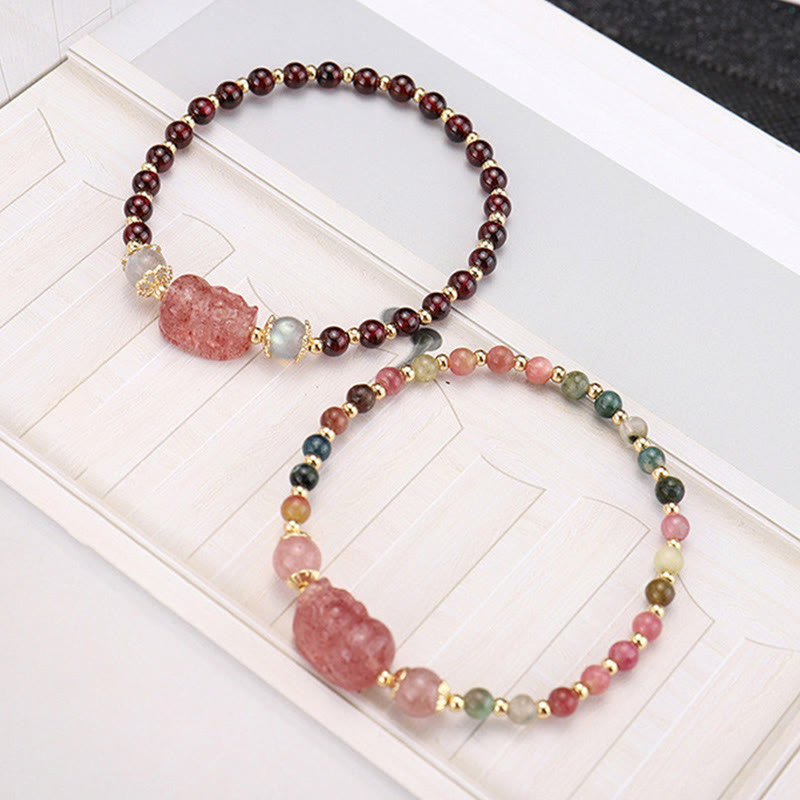 Bracelet de protection en pierre de lune PiXiu en tourmaline naturelle et grenat à fraise