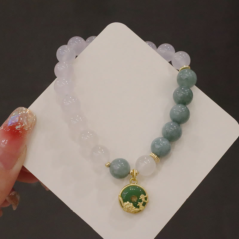 Bracelet de protection avec boucle de paix en Buddha Stones et jade blanc et fleur de lotus