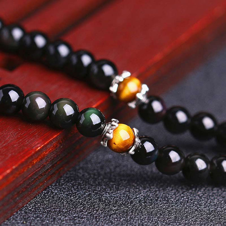 Bracelet Mala porte-bonheur en obsidienne noire et œil de tigre avec 108 perles du zodiaque chinois